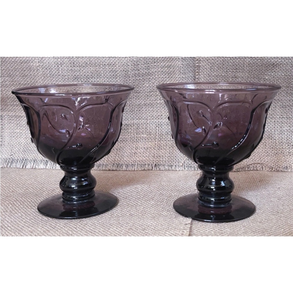 Vintage Purple Amethyst Glass Garden Vine Dessert Dish Set Dark Cottage Core
